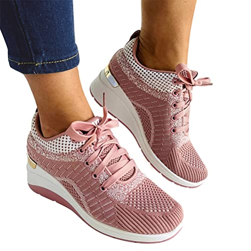 ORANDESIGNE Basket à Talon Compensé Plateforme pour Femme Chaussure de Sport Femme Sneakers Confortable Basket à Lacets Respirante B Rose 40 EU