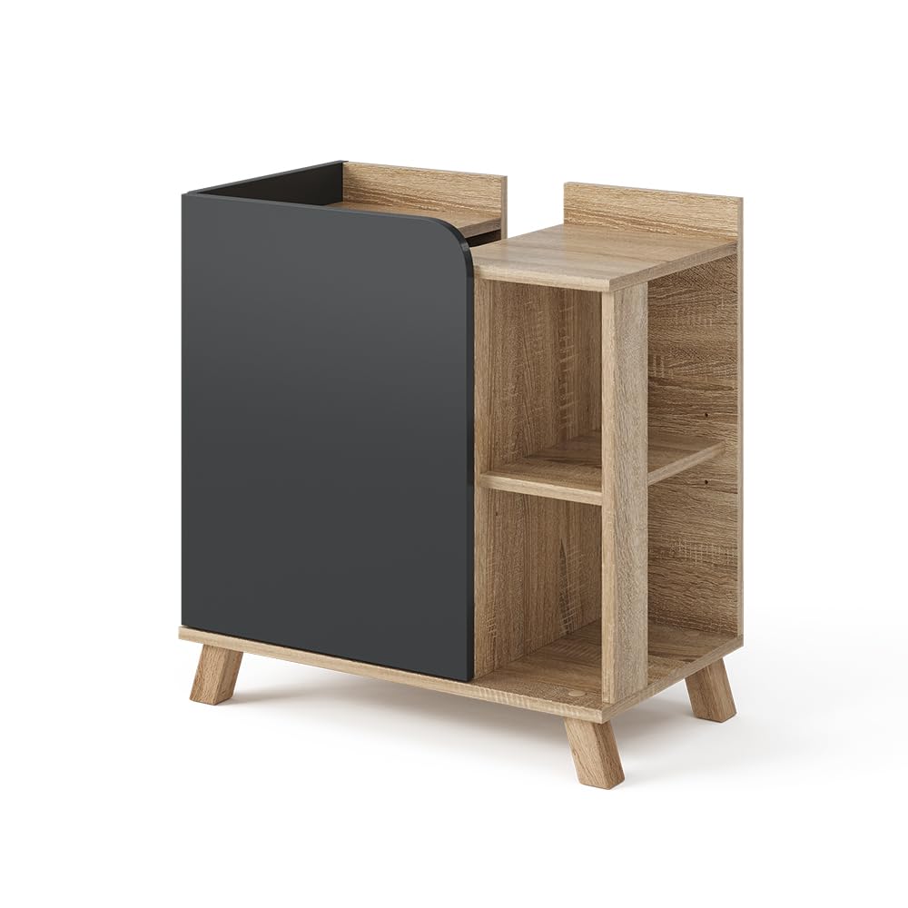 Vicco Mueble bajo Lavabo Karen, Sonoma/Antracita, 60 x 65 cm con Puerta y Compartimentos Abiertos, con Recorte para sifón para instalación Debajo del Lavabo