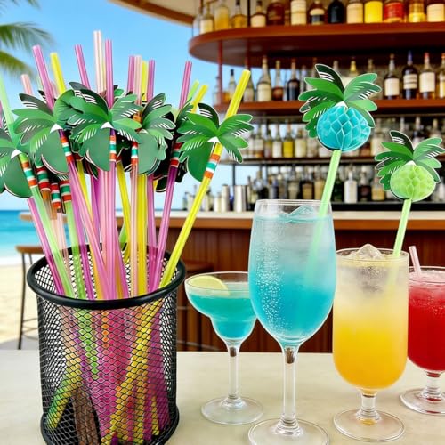 50 pitillos colores con diseño de árbol de coco miniatura 3