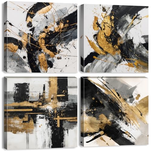 AREBOLO 4 piezas de arte abstracto de pared en blanco y negro, moderno, contemporáneo, minimalista, decoración de pared, pinturas y pósteres para sala de estar, dormitorio, comedor, oficina, 12 x 12”