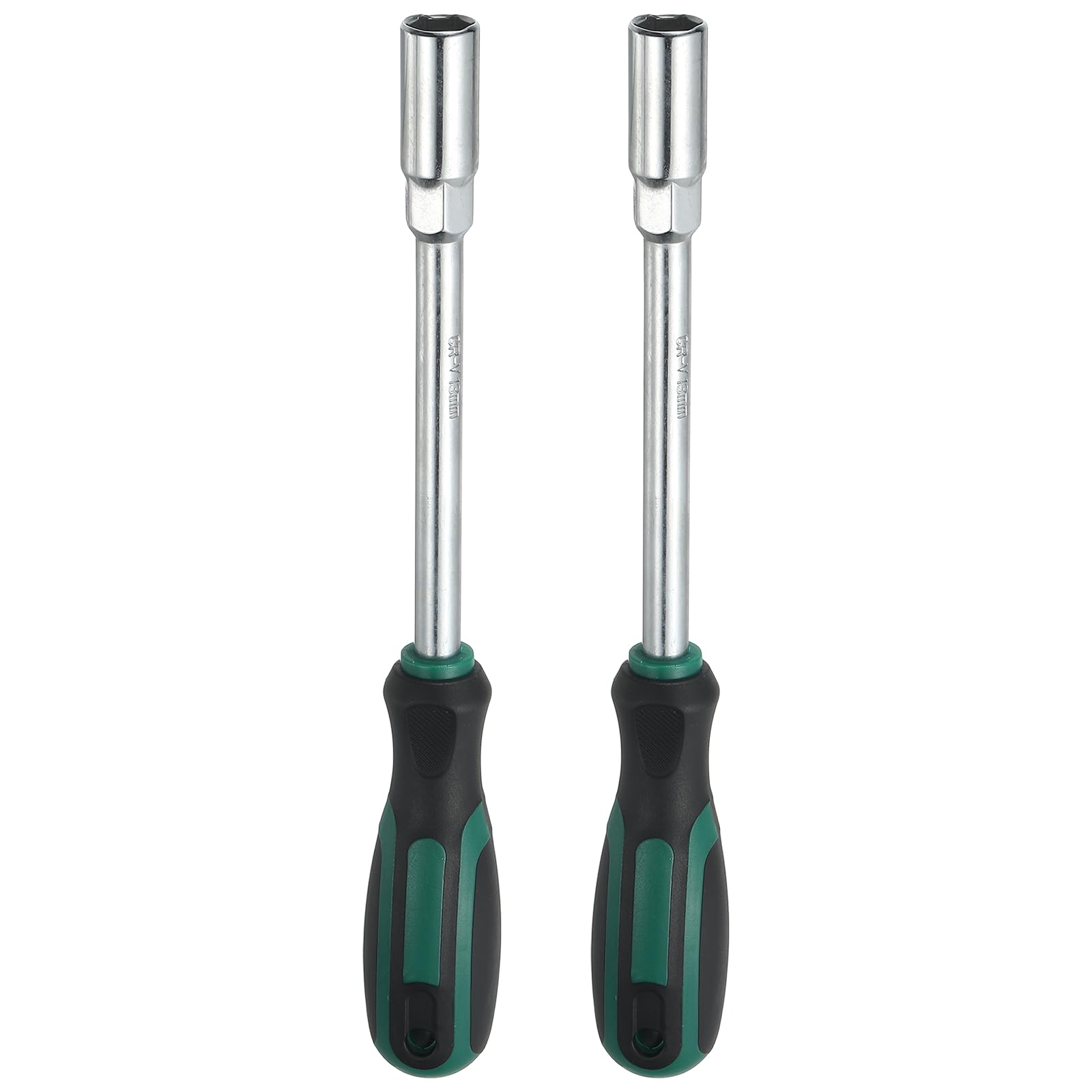 sourcing map 2 Pcs Metric Nut Driver 13mm CR-V Non-Magnetic Tip Hollow Shafts Hex Socket Screwdriver with Anti-Slip Handle for Automobile Repair Bit Driver, Green/Black