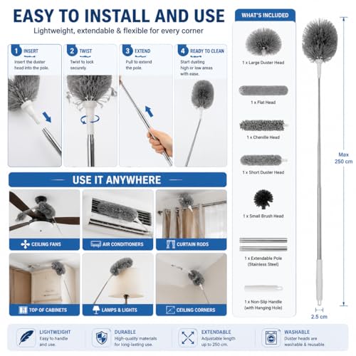Image of 5 in 1 Microfiber Feather Duster 5 PCS Bendable & Extendable Fan Cleaning Brush with 100 inches Expandable Pole Handle Washable Mop for High Ceiling Fans (Pack of 1)