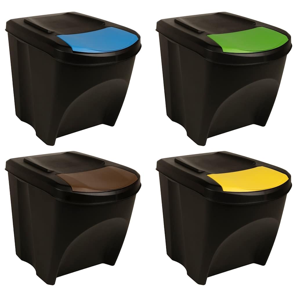 4 cubos de basura apilables, color antracita, 100 l, con etiquetas de recogida de residuos y tapa extraíble para el hogar y la oficina