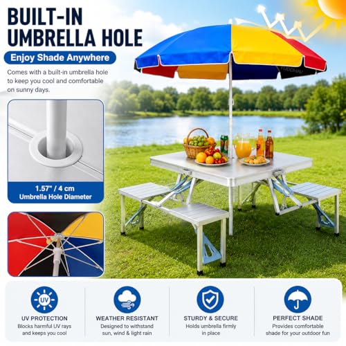 Image of Picnic Table Heavy Duty Aluminium Portable Folding Camp Suitcase Picnic Table and 4 Chairs Set with Umbrella (T1)