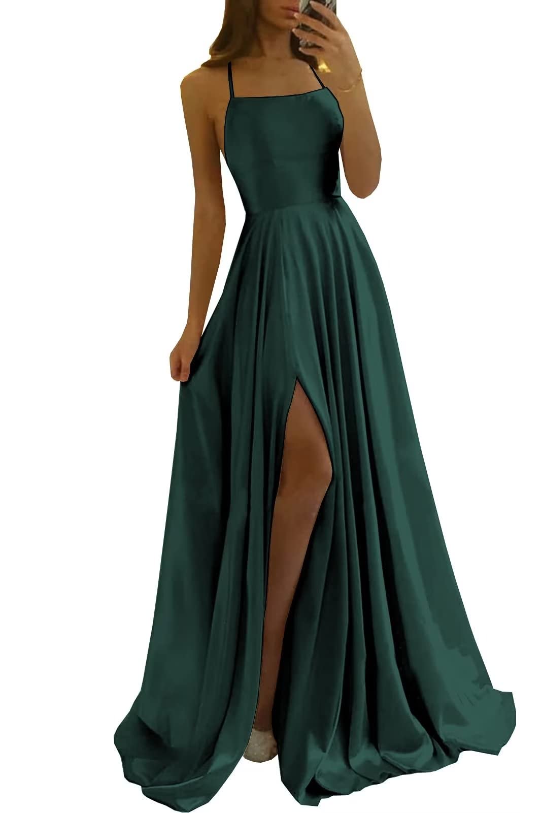 Sincemeet Vestido de Fiesta de satén con Tirantes Finos y Abertura Larga, Vestido de Dama de Honor de Boda