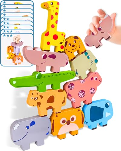 Image of Cowcowcow Montessori Toys for 1 2 3 4 Year Old Boys Girls, Toddler Toys Age 2-4, 1 2 3 4 Year Old Girl Boy Birthday Gifts, 10 pack Wooden Animal Blocks Sorting & Stacking Education Toddler Puzzles Toy