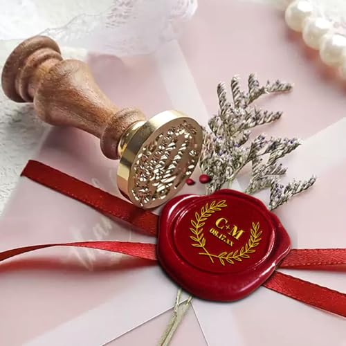 Kit de sellos de cera de boda personalizados con mango de madera, cera de sellado roja, diseño floral personalizable