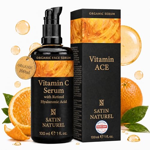 Satin Naturel Vitamin C Serum for Face 100ml with Retinol & Hyaluronic Acid – Anti Wrinkle, Hydrating and Dark Spot Care for Sensitive Skin – Natural, Brightening and Nourishing