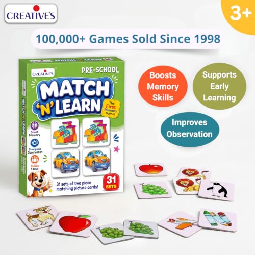Image of Creative's Match N Learn Matching Game for Kids Age 3+ | Memory & Observation Card Game | Preschool Educational Learning Toy | 62 Picture Matching Cards