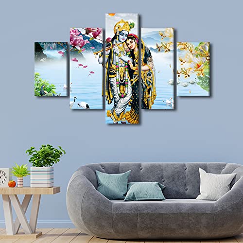 Tableau Krishna sur toile 5 panneaux art mural hindou déco grand format