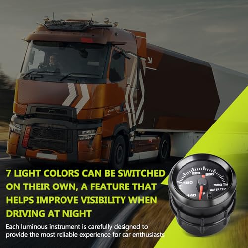 7 Color Water Temp Gauge, 100-300 F Water Coolant Temperature Gauge Kit 2-1/16" 52mm LED Backlight - Black Dial - Clear Lens - Monitoring and Displaying The Coolant Temperature in The Radiator System - Image 4