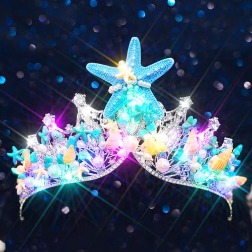 Handcess Leuchtende Seestern-Tiaras und Kronen, blaue LED-Muschelkrone, Stirnband, leuchtende Meerjungfrauenkostüm, Perlenkopfbedeckung, Party-Rave-Haarschmuck für Frauen
