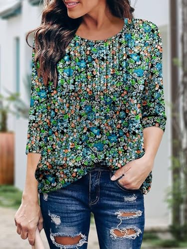 KISSMODA Tunic Tops for Women Loose Fit Dressy Round Neck Pleated 3/4 Length Sleeve Spring Tops