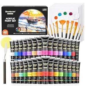 Shuttle Art 48 Pack Acrylic Paint Set, 30 Colors Acrylic Paint (36ml) with 10 Brushes 5 Canvas 1 Paint Knife 1 Palette 1 Art Sponge, Complete Set for Kids, Adults Painting on Canvas Rocks Wood Ceramic
