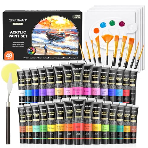 Shuttle Art 48 Pack Acrylic Paint Set, 30 Colors Acrylic Paint (36ml) with 10 Brushes 5 Canvas 1 Paint Knife 1 Palette 1 Art Sponge, Complete Set for Kids, Adults Painting on Canvas Rocks Wo