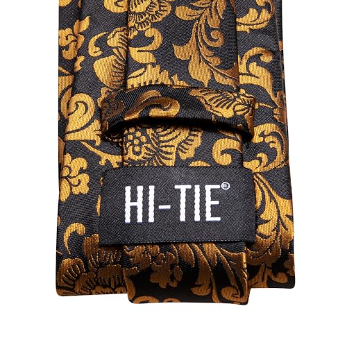 Image of Hi-Tie Black Gold Silk Ties for Men Floral Jacquard Necktie Lapel Pin Pocket Square Cufflinks Sets Formal Business Wedding