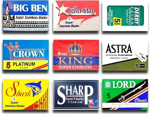 Razor Blades Club - Astra-Derby-Shark-Lord-Treet-Sharp-Big Ben 50 Quality Double Edge Razor Blades Sampler (9 different brands)