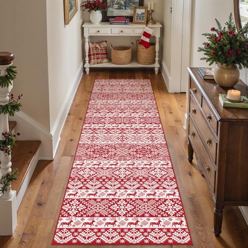 PureCozy Weihnachtsteppich Läufer, 60 x 180 cm Waschbar rutschfest Roter Teppiche Weihnachtsdeko Innen für Wohnzimmer Schlafzimmer Küche Kinderzimmer Eingangsbereich Weihnachtsbaum, Kurzflor