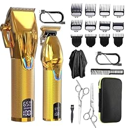 Dumite Cordless Hair Clippers for Men,Professional Hair Clippers Trimmer Kit,Barber Fading Clipper and Zero Gap T-Blade Trimmer Set with LED Display for Mens Gifts(Gold)