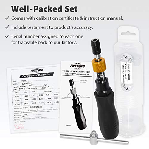 Image of FIRSTINFO H5182 Precision Certified Limited Torque Screwdriver 1-6 Nm (13.28-48.68 in-lbs) with 1 /4 Inch Universal Hex Bit Holder Quick Release Design, with Extra T-Handle, with Double Scale