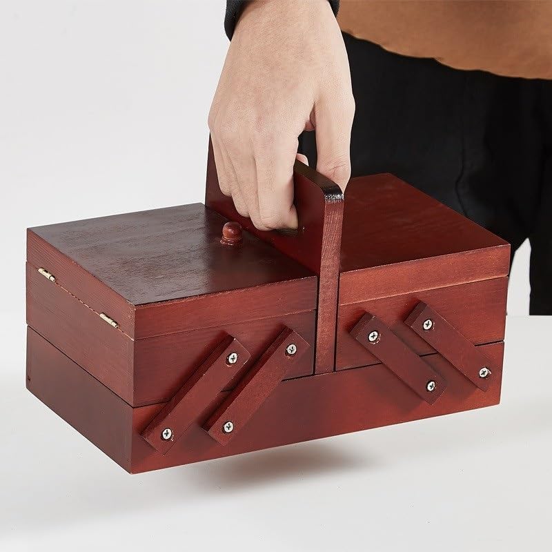 Wooden Expandable Sewing Box Sewing Kit Storage Box with Handle,Expandable Sewing Box, Wooden Sewing Basket for Embroidery Kits, Quilting Supplies, Cross Stitch Kits