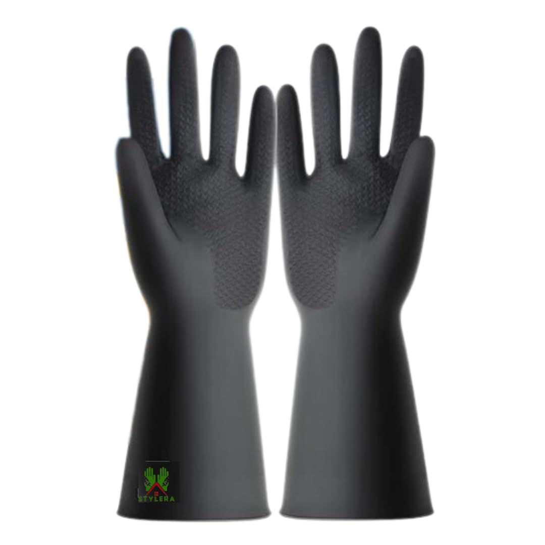 STYLERA Heavy-Duty Chemical Acid Alkali Oil Resistant Industrial Cleaning Non Slip Rubber Safety Work Gloves Use for Men and Women (PACK OF 4 PAIR, BLACK)