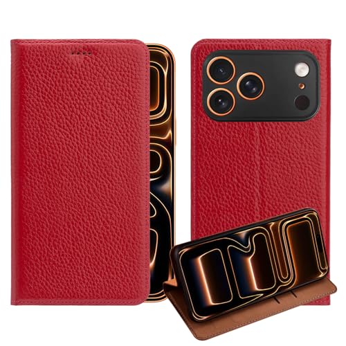 for iPhone 15 Pro Case Real Genuine Leather Oil Wax Top Grain Pebbled Leather Pattern Case Business Magnetic Flip Cover with Car