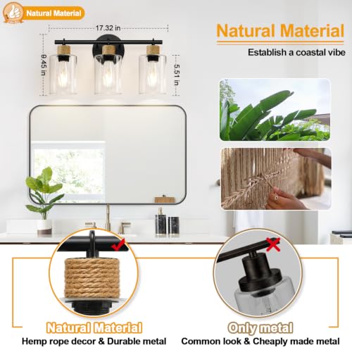 Image of MOKATNG Bathroom Light Fixtures, 3-Light Farmhouse Vanity Lights with Hemp Rope, Black Bathroom Wall Lamp for Mirror Kitchen Hallway Cabinet