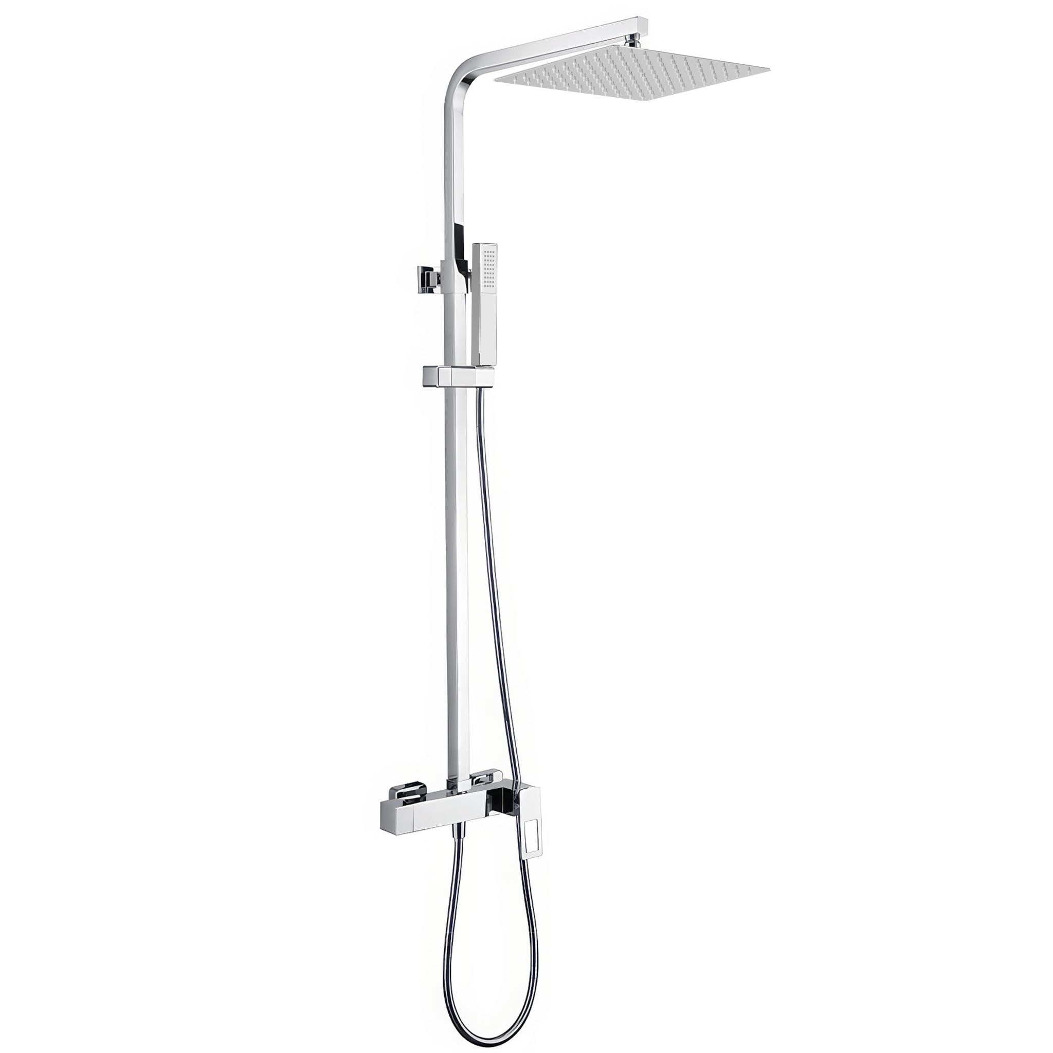 VALAZ Columna Ducha Monomando Cromado | Mezclador Agua Fría y Caliente, Ahorro de Agua | Instalación Fácil | Barra Ducha Cuadrada, Inoxidable, Rociador 20cm Cuadrado, Longitud 80-120 cm, Serie Cabrera