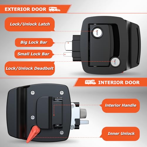 Image of RV Door Lock Replacement - 100% Metal Paddle Handle with Deadbolt & 4 Keys - Fits 2.75 inchx3.75 inchx1.5 inch Lock Hole - for Camper, Trailer, Horse & Cargo Hauler Doors