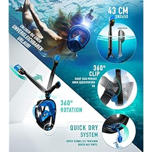 CO2-SICHERE SCHNORCHELMASKE MIT 360° SCHNORCHEL + QUICK-CLIP, LED & KAMERAHALTERUNG | OHNE PENDELATMUNG | EASYBREATH TAUCHMASKE FÜR KINDER & ERWACHSENE | PANORAMA VOLLGESICHTSMASKE | SPORTSTECH SNX650 3 Schnorchelmasken 51VjDVoScTL. SS300 ✅𝗠𝗔𝗫𝗜𝗠𝗔𝗟𝗘𝗦 𝗦𝗖𝗛𝗡𝗢𝗥𝗖𝗛𝗘𝗟𝗘𝗥𝗟𝗘𝗕𝗡𝗜𝗦: Entdecken Sie die Unterwasserwelt mit dem klaren Panoramablick unserer Vollgesichts Schnorchelmaske und mehr Sicherheit für besonderen Schnorchelspaß!
✅𝗩𝗢𝗟𝗟𝗘𝗥 𝗗𝗨𝗥𝗖𝗛𝗕𝗟𝗜𝗖𝗞: Das flache Visier sorgt für klare Sicht & Sie haben die Möglichkeit, ein LED-Unterwasserlicht oder eine Action Cam am integrierten Befestigungsschuh anzubringen.
✅𝗕𝗥𝗘𝗔𝗧𝗛𝗘 𝗘𝗔𝗦𝗬: Müheloses Atmen ist durch die 360° Dreh- & Wende-Funktion des Schnorchels möglich. Entscheiden Sie wie Sie am bequemsten schnorcheln möchten.
✅𝗣𝗘𝗥𝗙𝗘𝗞𝗧𝗘 𝗣𝗔𝗦𝗦𝗙𝗢𝗥𝗠: Die Maske ist in zwei versch. Größen erhältlich. L/XL > 12 cm, S/M
✅𝗦𝗠𝗔𝗥𝗧𝗘𝗦 𝗗𝗘𝗦𝗜𝗚𝗡: Atmen Sie über zwei Kanäle ein und aus. Das erleichtert das Atmen und verhindert eine Pendelatmung. Durch den smarten Quick-Clip ist das Auf- und Absetzen mega easy.