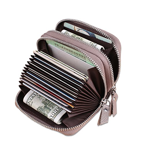 Yafeige Genuine Leather Credit Card Holder with Zipper Womens Card Case RFID Blocking with Zip Around Wallet (Grey2)