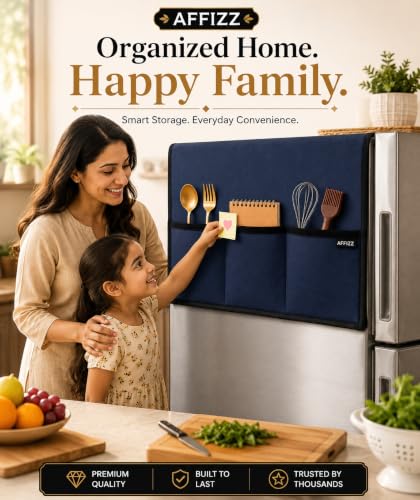 Image of Fridge Cover Top for Single Door Refrigerator with 6 Side Pockets | Waterproof, Dustproof & Washable Polyester Refrigerator Cover Top | Kitchen Organizer Fridge Top Cover | 130 x 54 cm | Blue