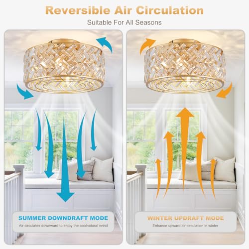 Image of 18 Inch Caged Ceiling Fans with Lights, Low Profile Crystal Fandelier Ceiling Fan with Lights and Remote & App Control for Low Ceilings Flush Mount Installation Indoor, Bulb Included Gold