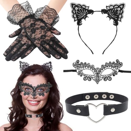 GWEOR 3 Pièces Costume Catwoman, Déguisement Catwoman Femme, Oreille de Chat Serre Tete Collier Masque, pour Fête Carnaval Halloween Anniversaire Cosplay
