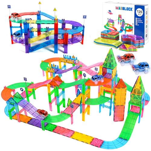 JUQG 126Pcs Jouet de Bloc de Construction Magnétique de Course sur Piste, Jouets de Blocs de Construction Magnétiques, Bloc Magnétique Jouet avec LED Racing pour Enfants Convient pour 3+ Enfants