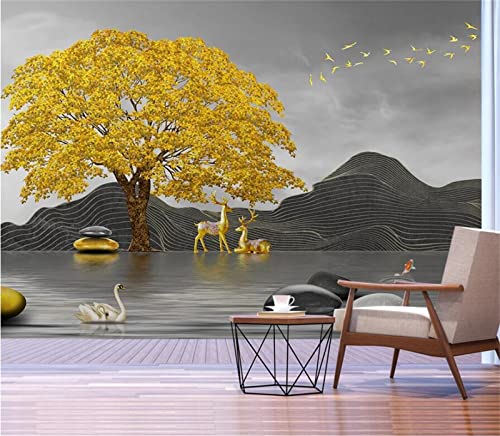 Golden Trees Fawn Wall Mural, Zen Stone Mountains White Goose Large Wallpaper, Wall Sticker For Wall Decoration Bedroom And Living Room Office-59"W X 39.4"H #TOP8
