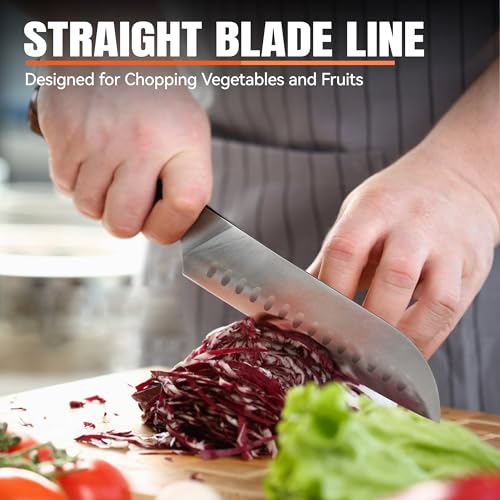 Image of TUO Santoku Knife, 7 inch Japanese Chef Knife for Vegetable Chopping & Meat Dicing, High Carbon German Steel, Ergonomic Handle - Fiery Phoenix Series