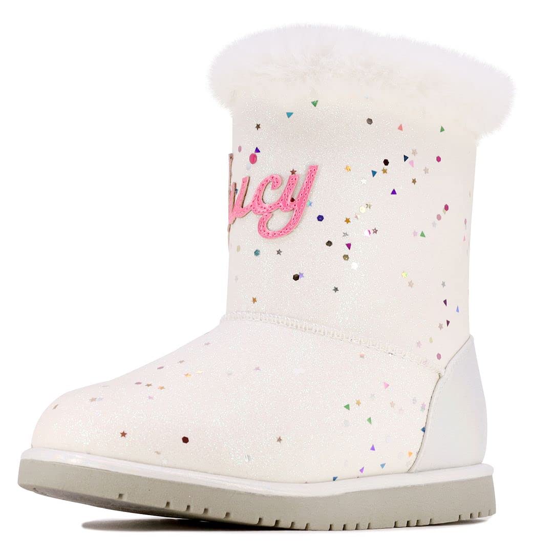 Juicy CoutureKids Bootie With Sherpa Fur For Winter Warm Ankle Slip On Boot, Malibu-white, 4 Big Kid