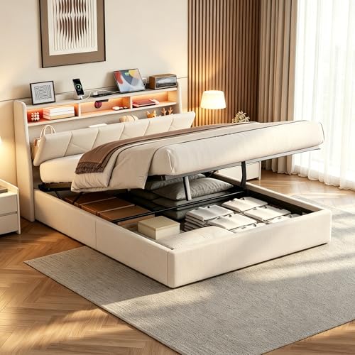 Mydtt Camas Matrimoniales con LED, Cama 160x200 con USB, Type-C y Enchufe, Cama Matrimonio con Almacenaje y Cabecero, Estructura Cama Doble con Somier de Láminas, Sin Colchón, Lino Beige