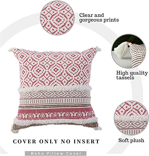 Image of Modern Homes Boho Tufted Decorative Throw Pillow Covers for Couch Sofa - Moroccan Style Cushion Covers with Tassels, Accent Decor Pillow for Bedroom Living Room (Pink, 16x16 inch)