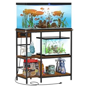 Snughome Fish Tank Stand with Charging Station, 10-29 Gallon Aquarium Stands 3-Tier, Adjustable Fish Tank Shelf for Home Heavy Duty Metal 33.07″ x 16.53″ x 32.67″, Rustic Brown