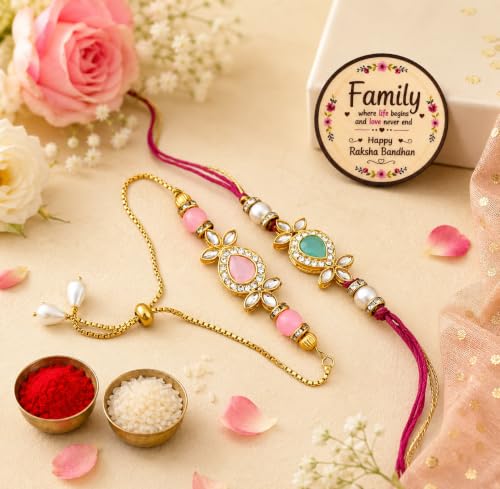 Image of Riddhika Ventures Glorious Gold Plated Religious Diamond Ring Rakhi || Traditional Rakhi Set of 2 & Festive Gift || Rakhi Gift Combo for Bhaiya Bhabhi (J4SM)