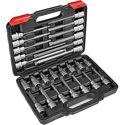 TecTake Internal or External Multi-Tooth Socket Set 1/2 Inch | Chrome Vanadium Steel | Includes Sturdy Case -Different Quantities- (Type 1 | 26 pz. | No. 402692) Cover