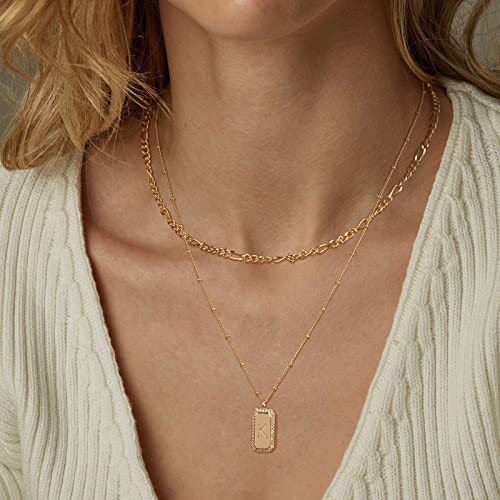 Gold Initial Necklace for Women 14K Gold Plated Figaro Chain Choker Layered Necklaces Set Bar Rectangle Pendant Necklaces Simple Dainty Letter Necklace Everyday Gold Jewelry4
