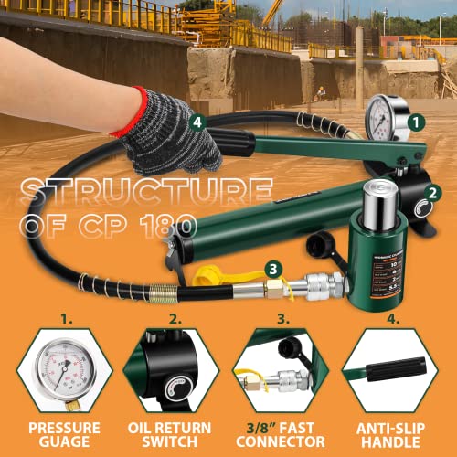 Newhai 10 Ton 2” Hydraulic Ram Jack+ Cp-180 Hand Pump With Pressure Gauge Hydraulic Porta Power 10 Ton Kit Low Profile Short Cylinder #TOP3