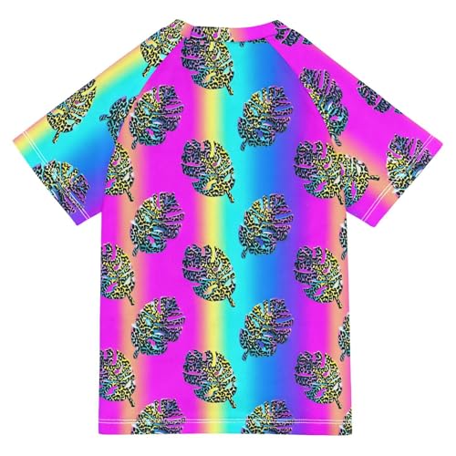 ALAZA Kids Rash Guard Girls Boys Toddler Swim Shirts Short Sleeve Leopard Monstera Leaf UPF 50+ 3T2