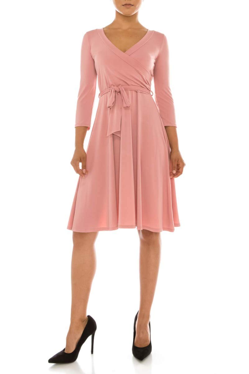 Women's 3/4 Sleeve V-Neck Printed Knee Length Midi Faux Wrap Floral Dress Mauve L