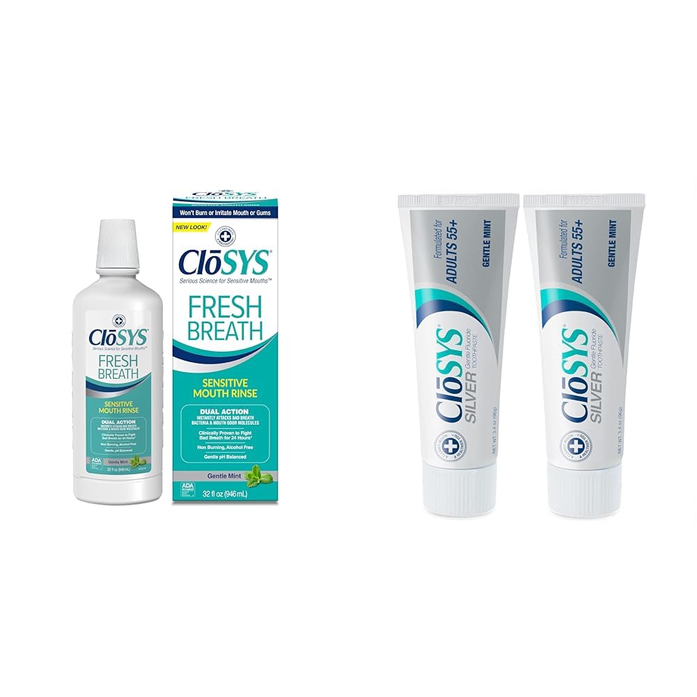 CloSYS Sensitive 32oz Mouthwash & CloSYS Silver 3.4oz Toothpaste for Adults 55+ (Pack of 2) Bundle