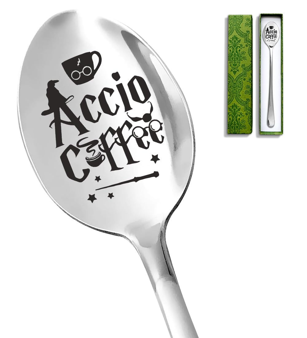 Funny Accio Coffee Spoon, Stainless Steel Coffee Spoon Ice Cream Spoon Teaspoon Cheese Spoon, Suitable for Coffee Lovers, Bookworm Friends, Harry Potter Fans, Birthday Christmas Gifts